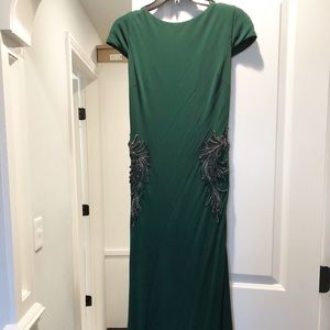 Badgely Mischka Draped Backed Emerald Beaded Gown